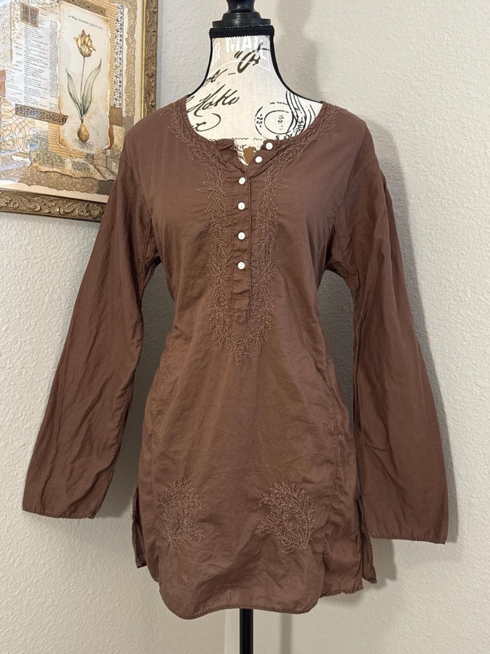 Vintage Y2K J. Crew Embroidered Chocolate Brown Witchy Boho Chic Tunic Sz Small
